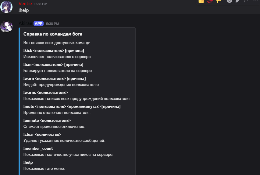 Пример команды !help